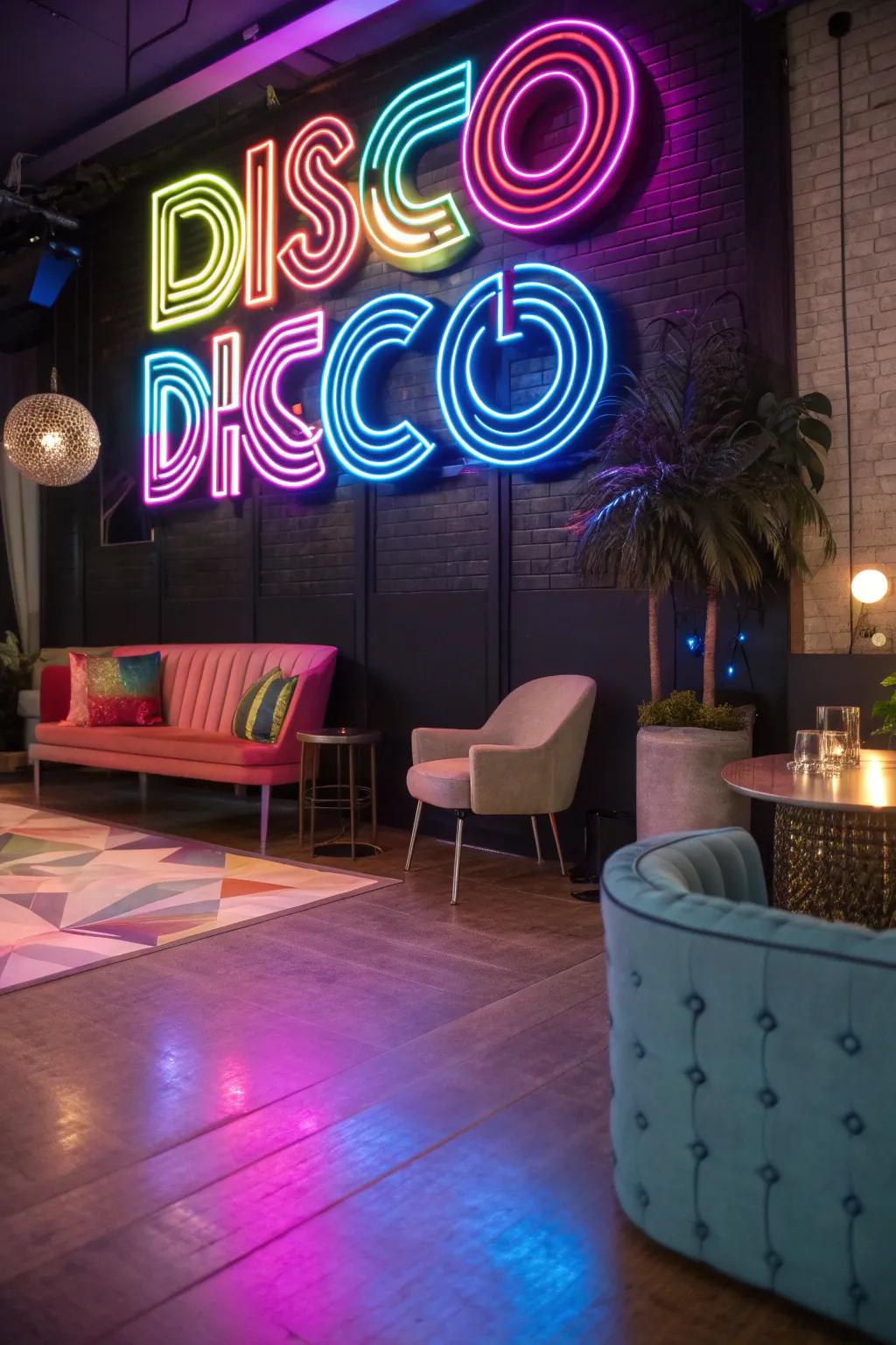 A neon sign backdrop creates an Instagram-worthy spot for party photos.