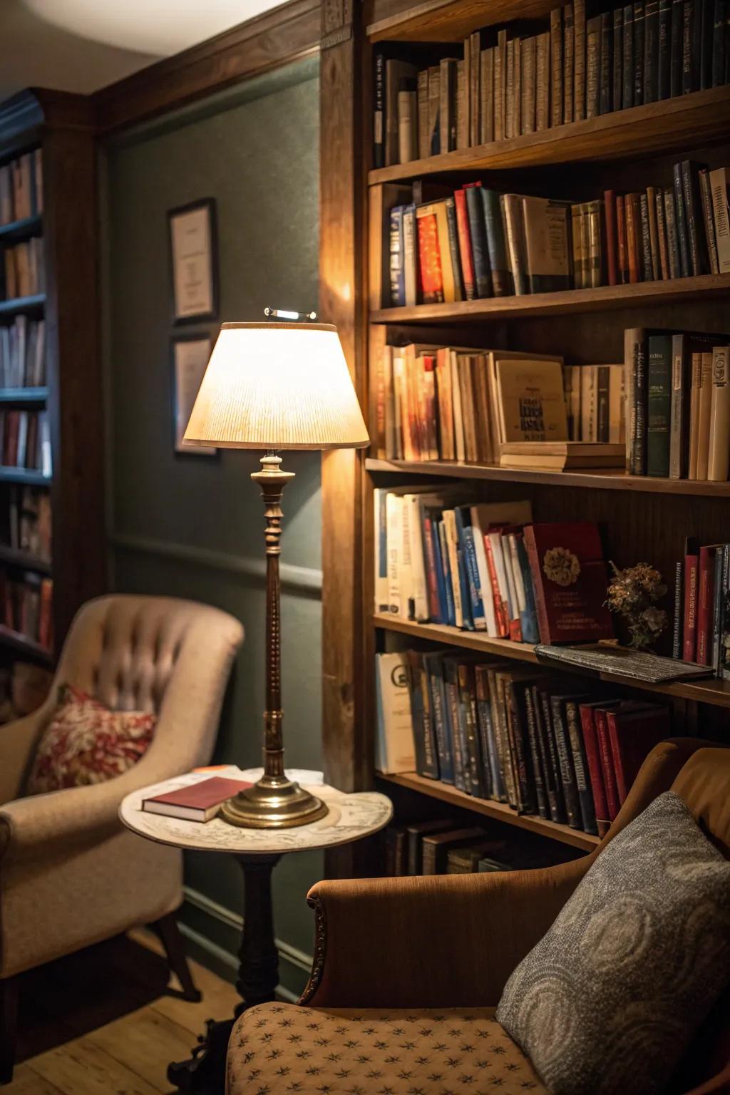 Corner shelves create a cozy reading nook.
