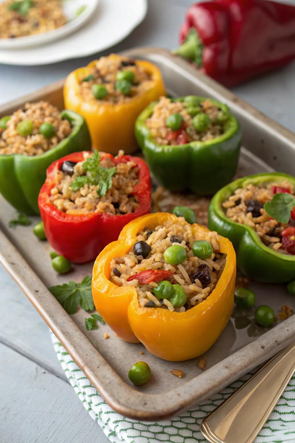 Colourful filled peppers, adding flavour and a brightness to your feast.