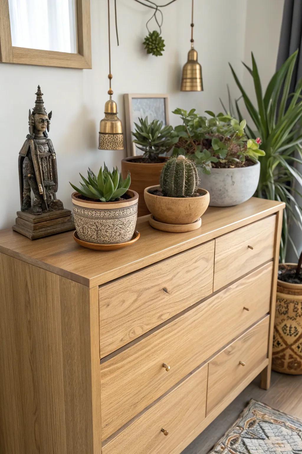 Turn your dresser into a bohemian escape with succulents and classic treasures.