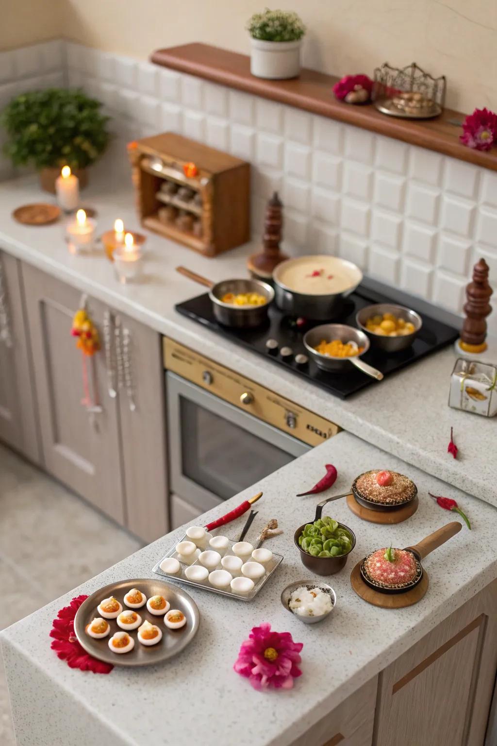 A petite cooking space introduces warmth to the Golu exhibit.