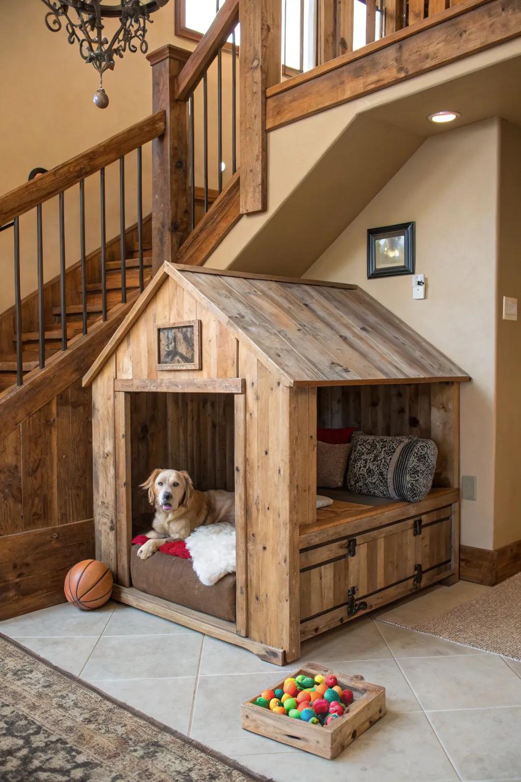 A handcrafted canine quarters fashioned from reclaimed timber contributes countryside charm and bespoke flair.