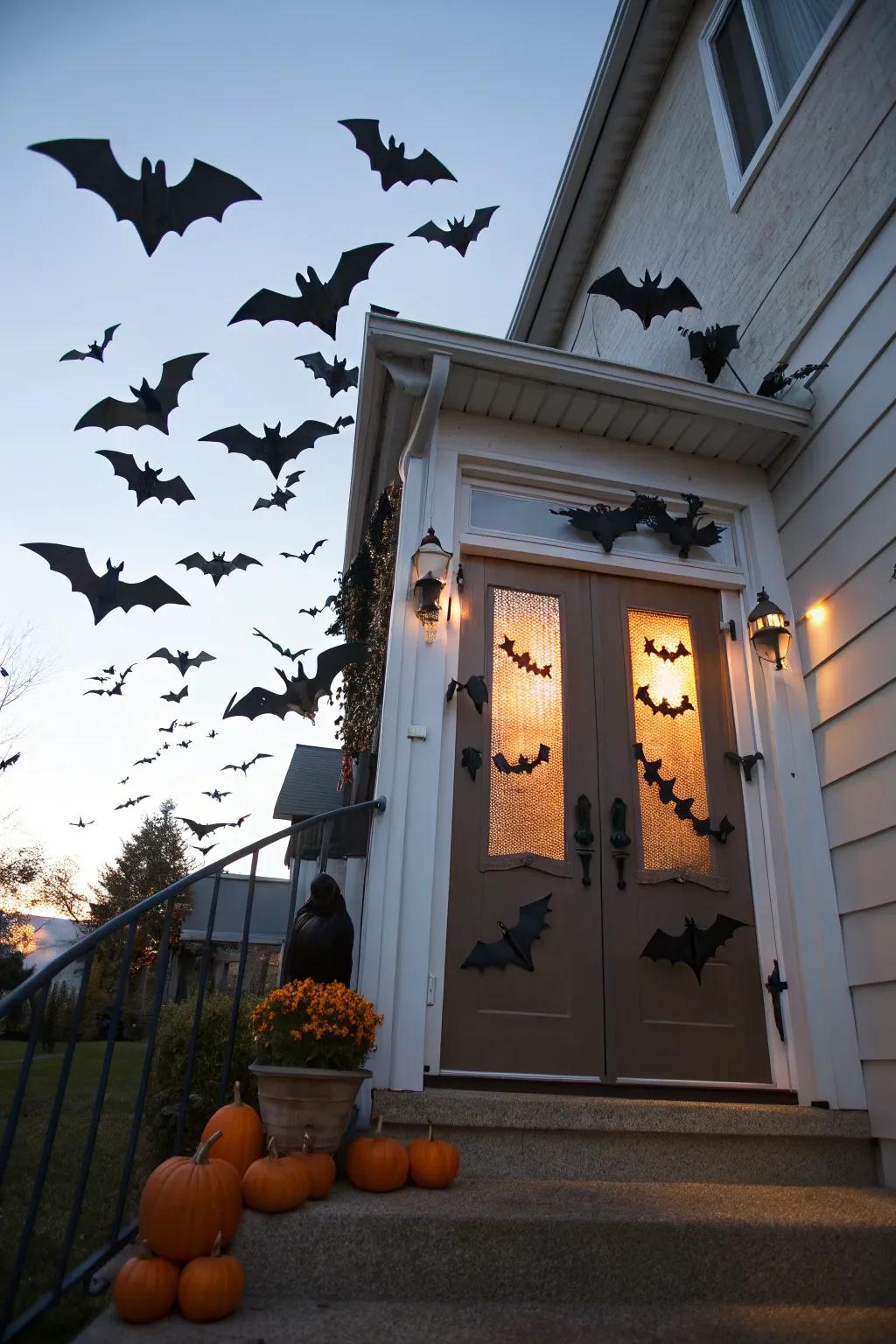 A mob of vespertines brings All Hallow's Eve to life on this doorway.