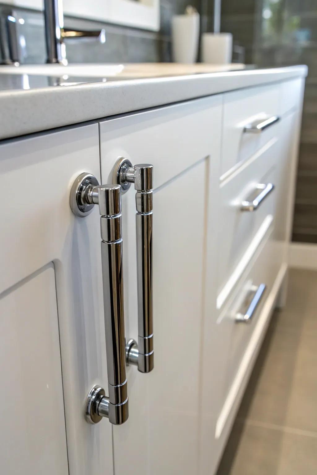 Burnished chrome grabs for a sleek and reflective finish.