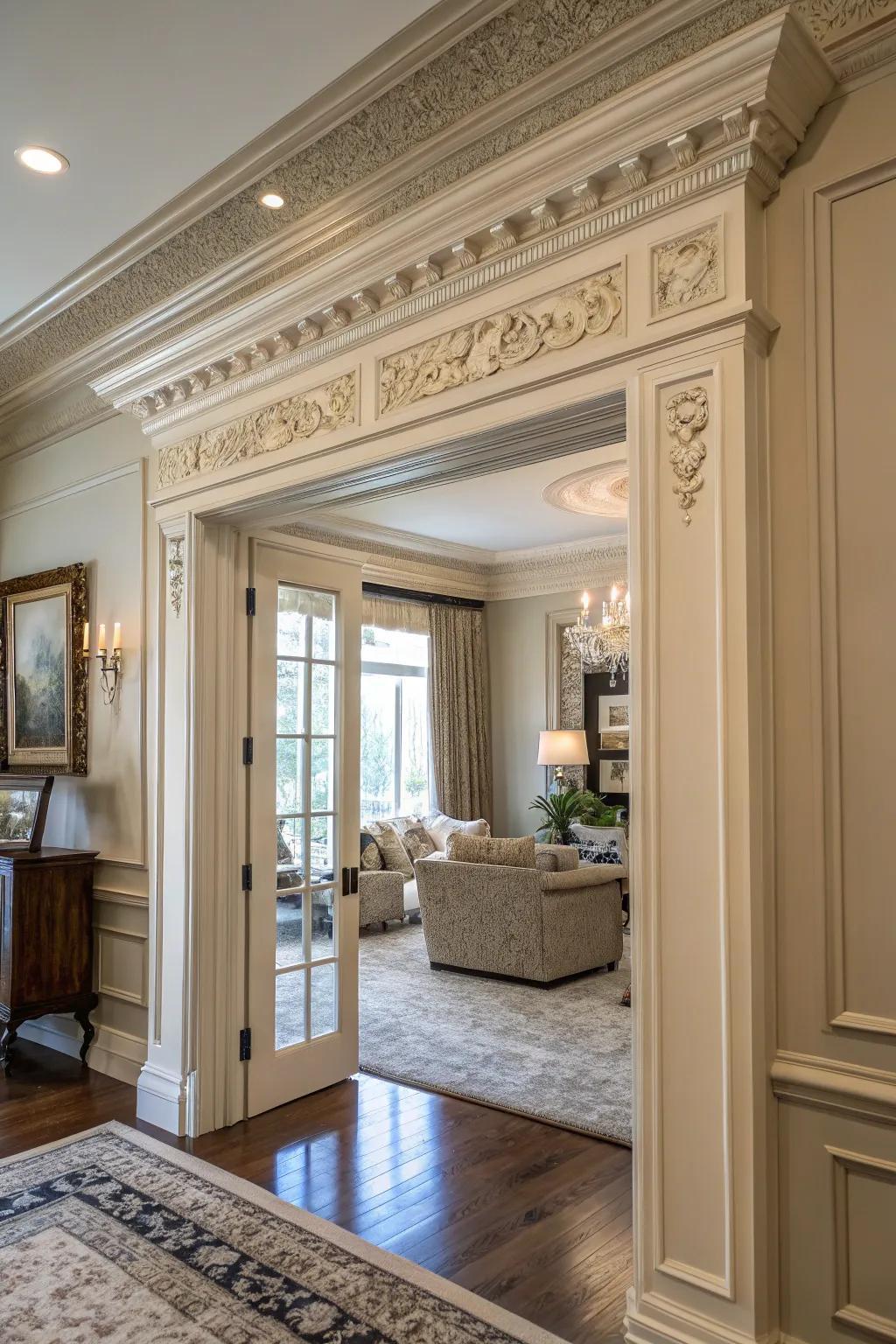 Overhead molding on door trim adds an elegant touch to this upscale living room.