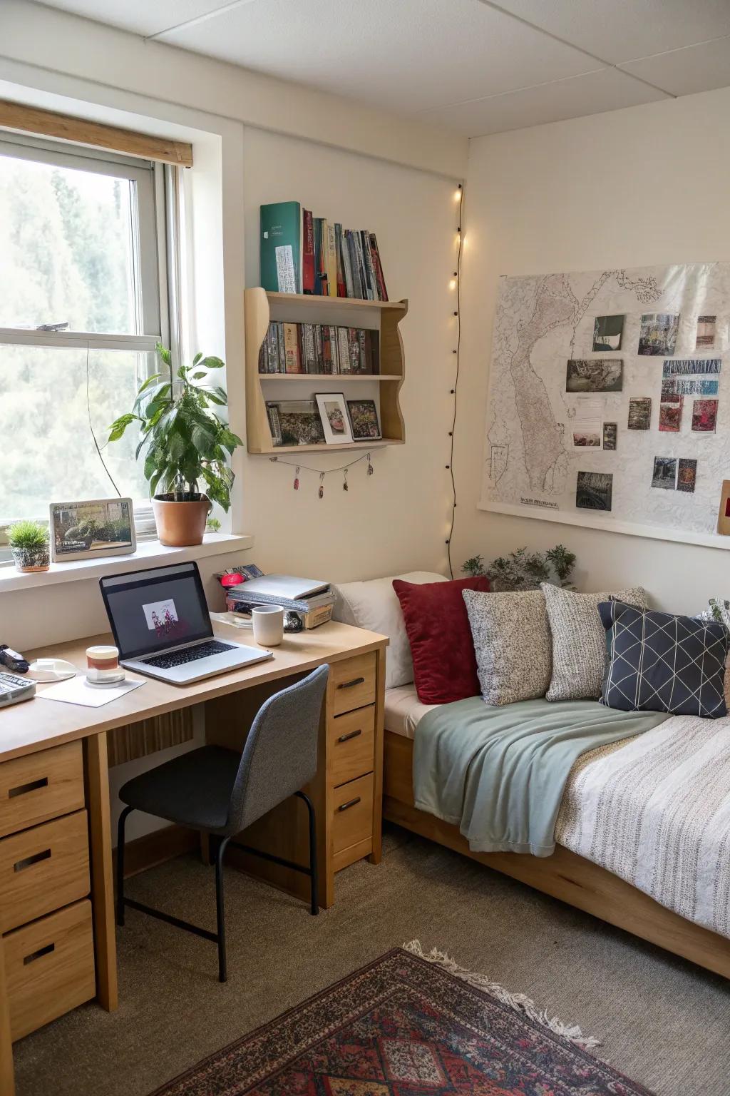 Areas for studying and resting intelligently split in this dorm room.