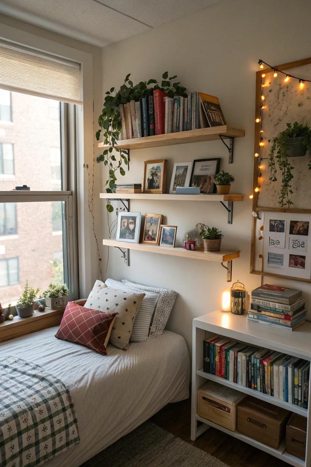 Stylish shelves serve both storage and decorative purposes.