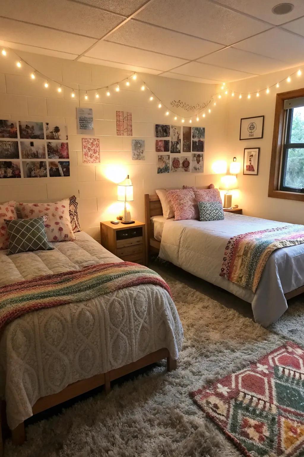 Soft textures and lighting design a welcoming atmosphere.