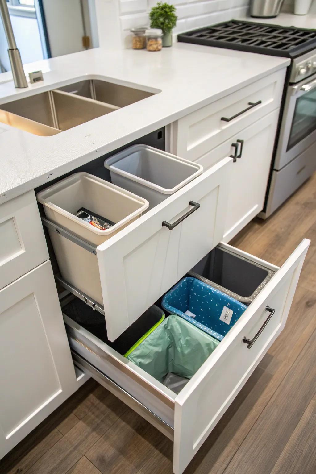 Inconspicuous waste and recycling drawers maintain your kitchen&rsquo;s neatness