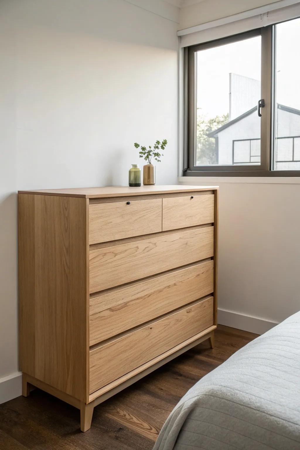 A minimalist dresser with clean lines enhancing the polished appearance of a small bedroom.