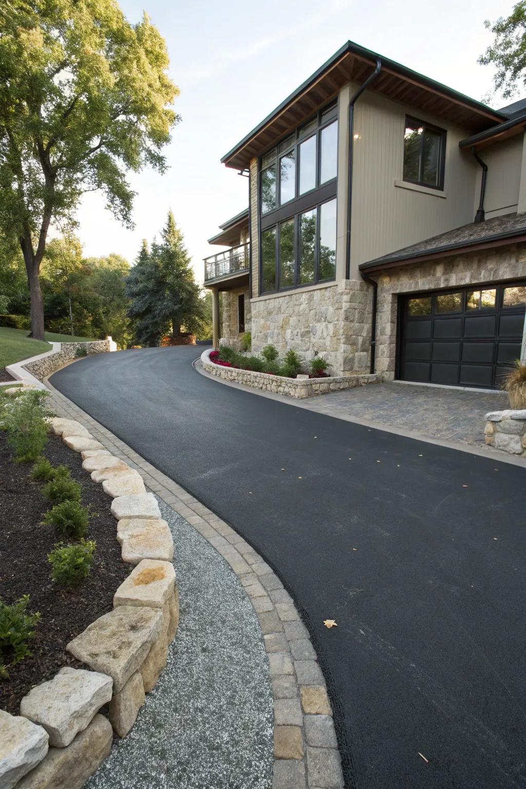 An asphalt driveway enhanced with ornamental borders.
