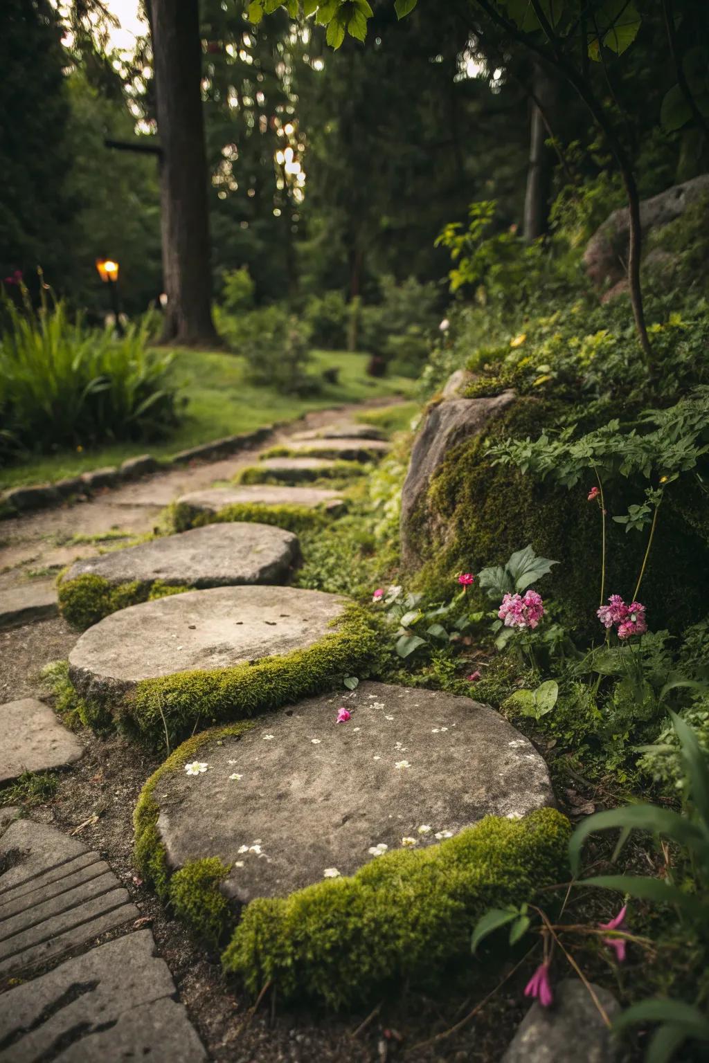 Natural stepping stones surrounded by soft moss.