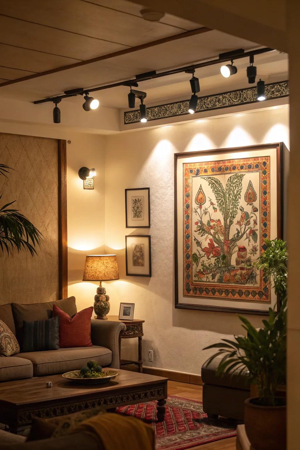 Spotlights accentuate the artwork in this sophisticated living room.