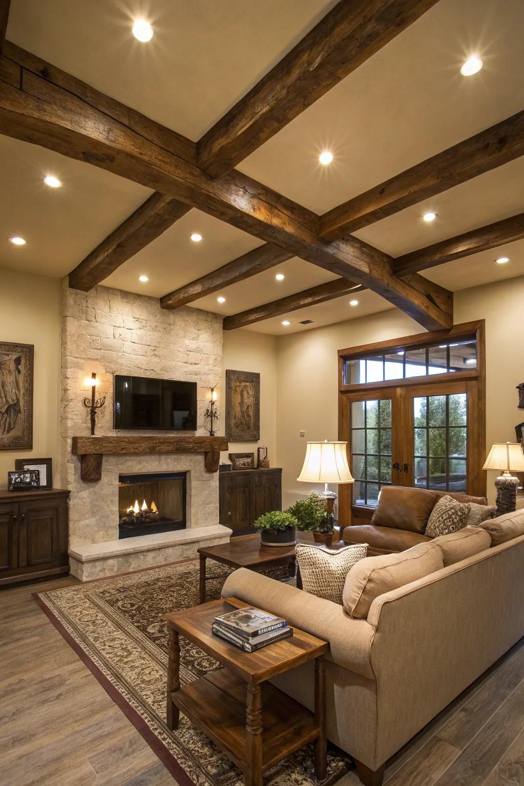 Wooden ceiling highlights provide warmth and texture.