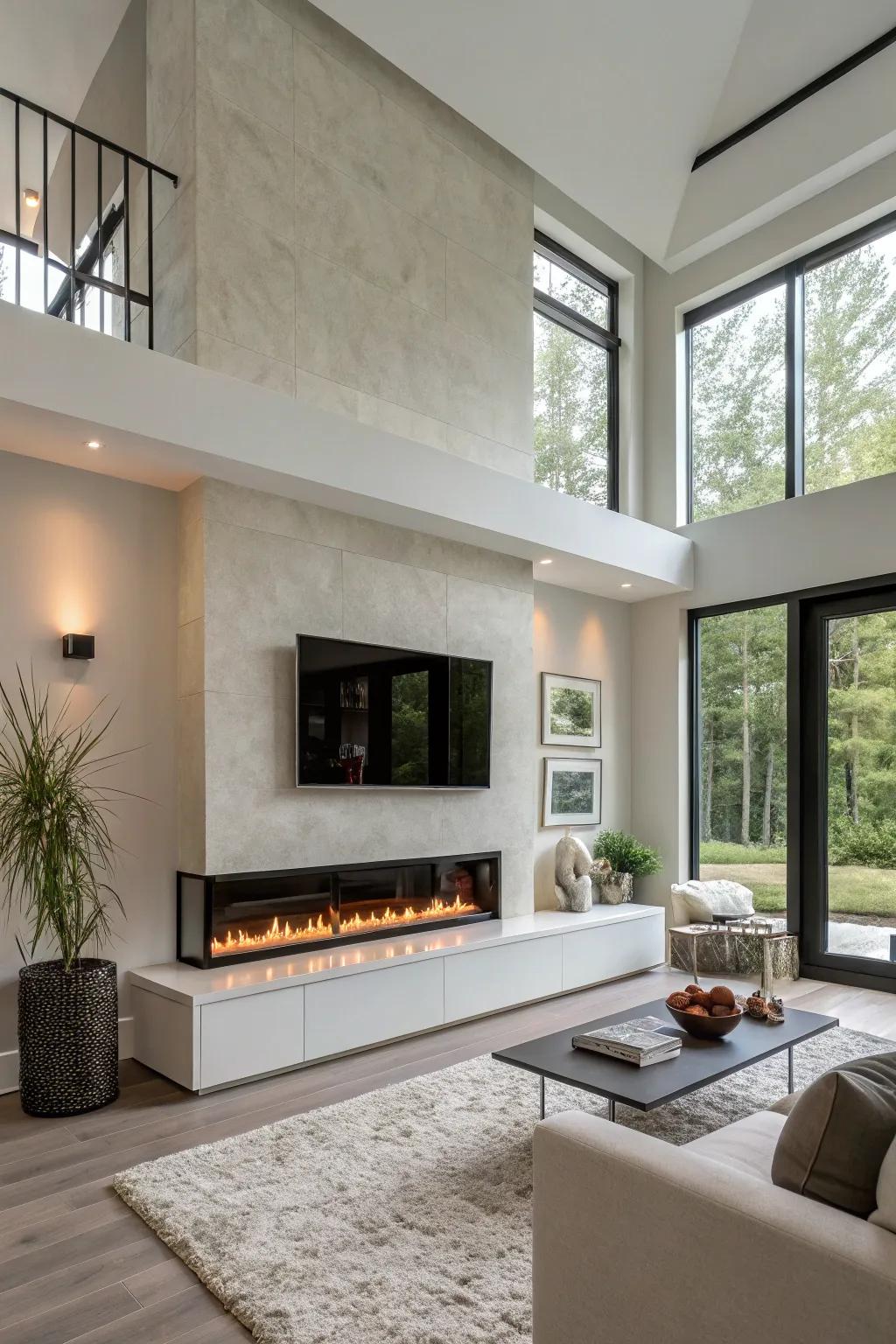 A set-back plasterboard hearth exudes sleek sophistication.