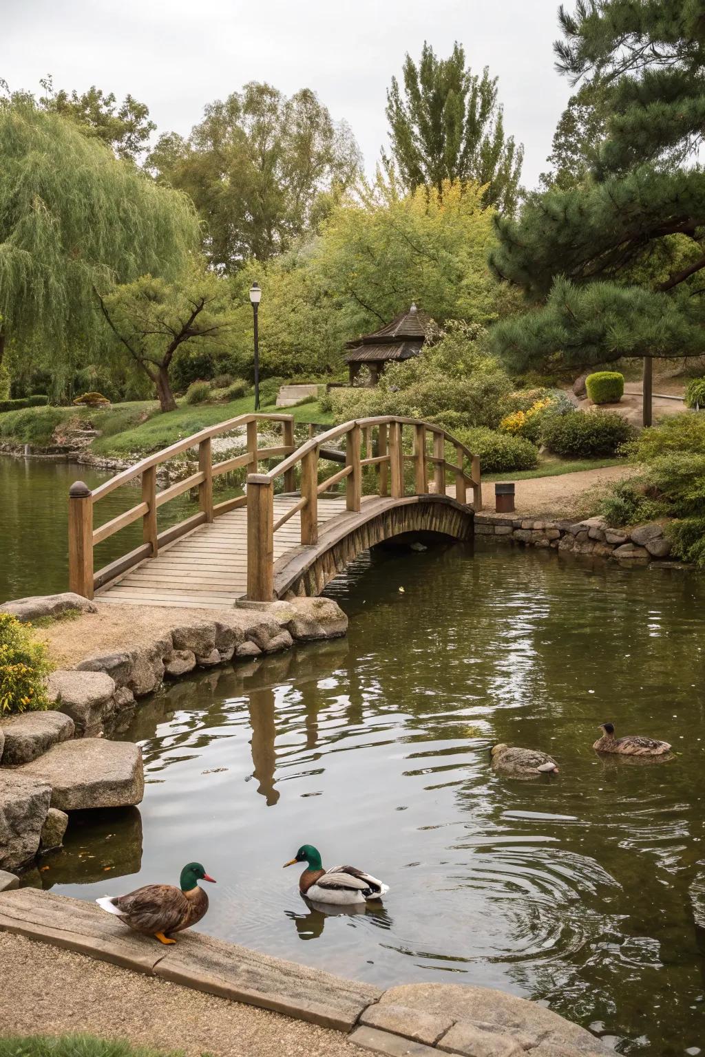 Rustic wooden elements blend flawlessly within natural pond landscapes.