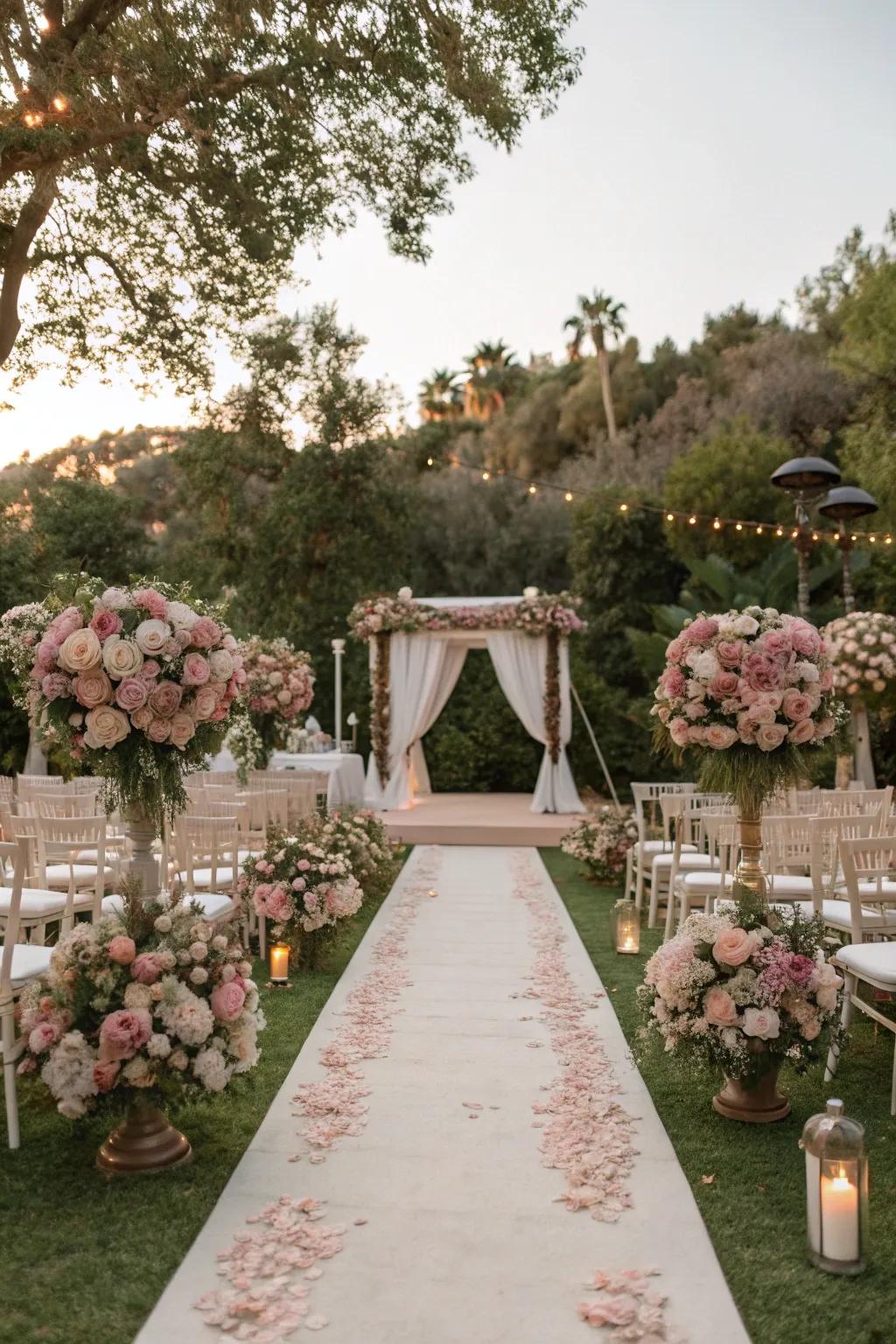 Garden wedding locale using misty rose decorations.