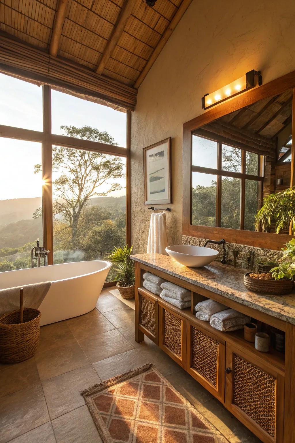 Natural light enhances the earthy ambiance of a bathroom.
