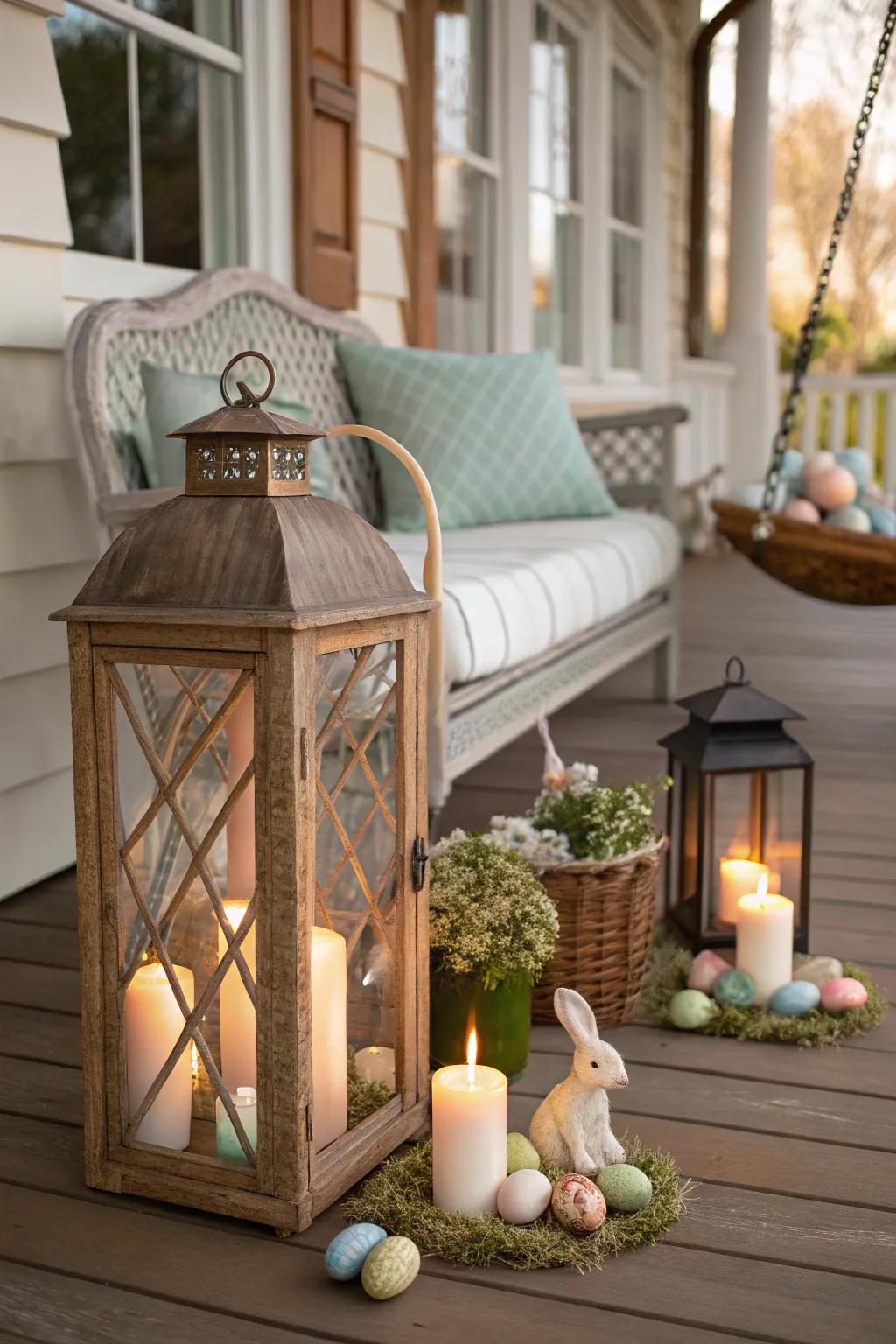 Homespun lanterns craft a welcoming and cozy ambiance.