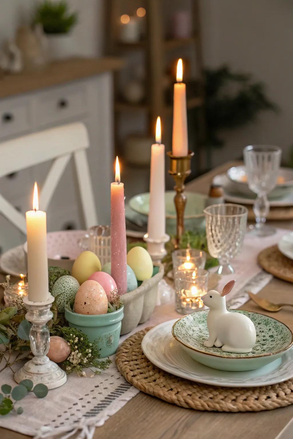 Candlelight infuses both warmth and allure into the Easter table presentation.