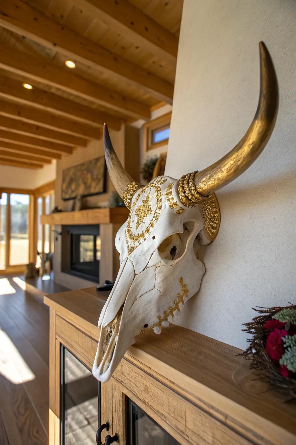Metallic accents inject an element of luxury into bovine skull décor.