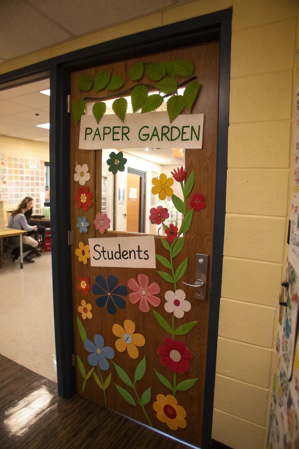 An engaging garden graces a classroom entrance where students add their personal blossoms.