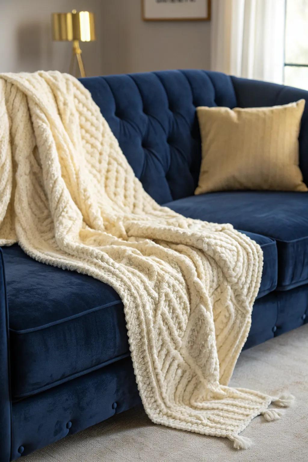 A cozy seating area with layered textures enhancing its depth.