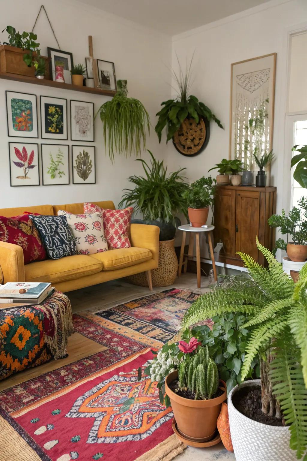 A variety of indoor plants add life to this eclectic living room.