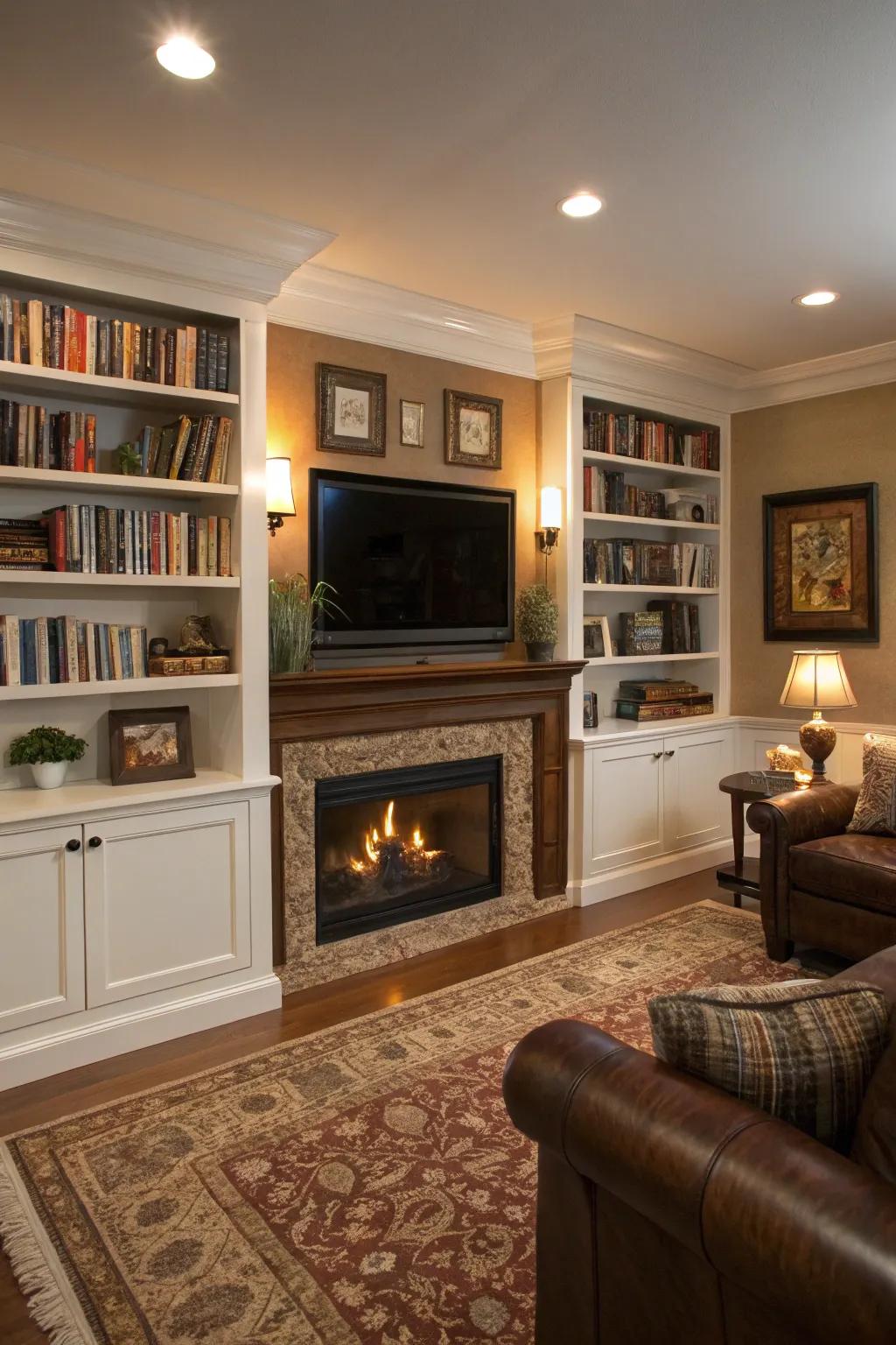 Integrated racks add style and storage to your hearth and TV arrangement.