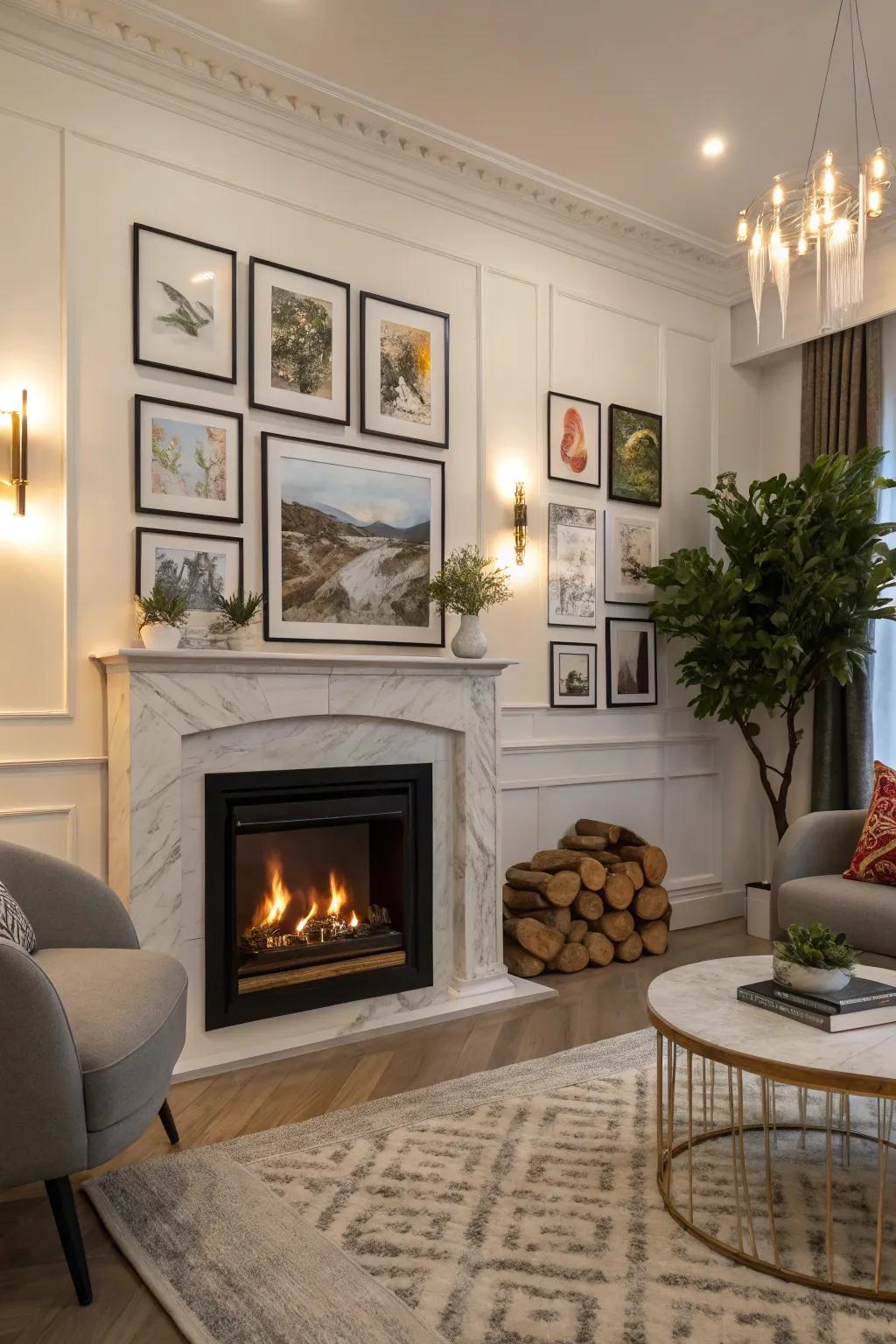 An electric fireplace that is bordered by artwork within a fashionable living area.
