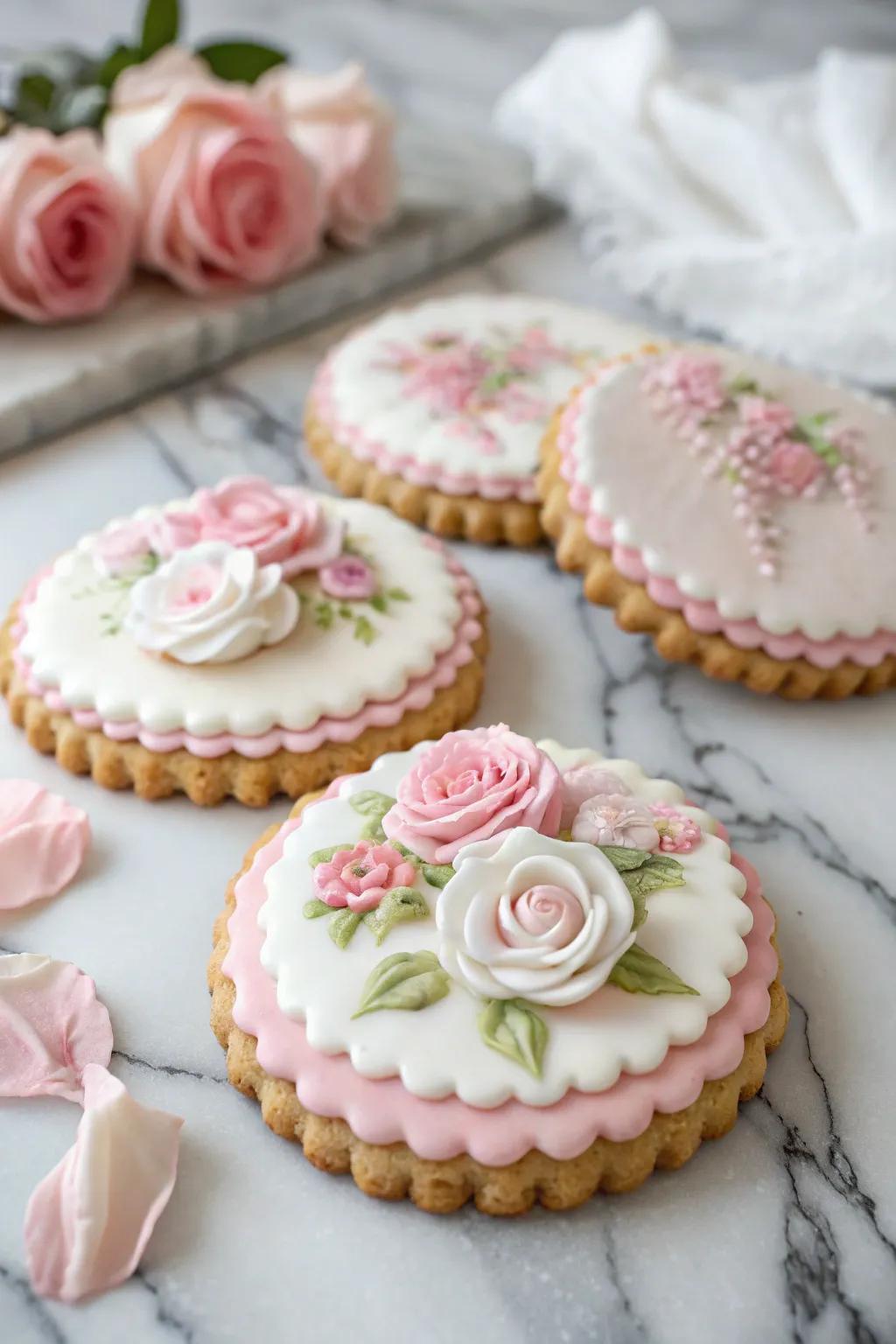 Elegant soft peony biscuits for special occasions.