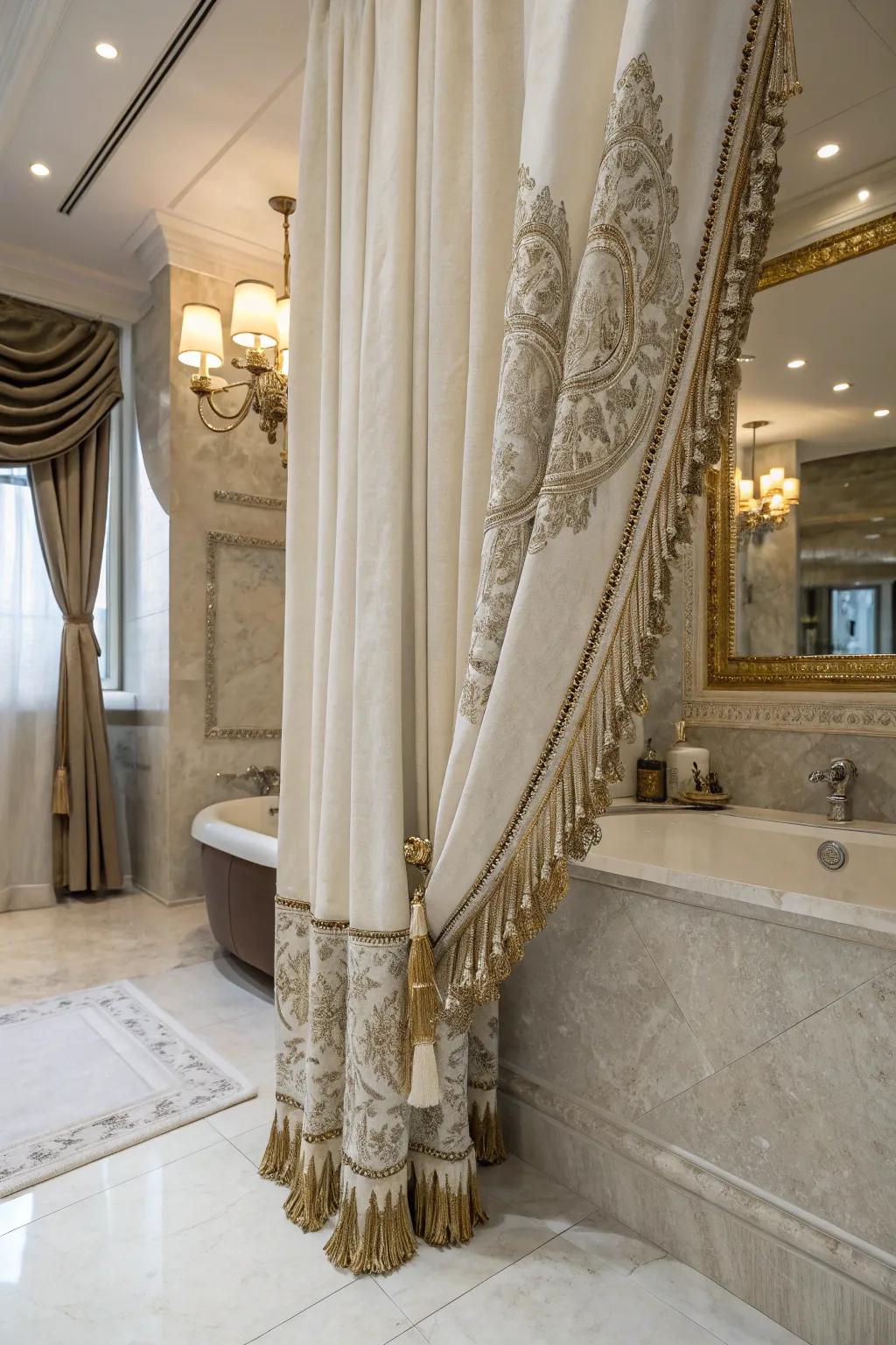 Fringe and tassels add a luxurious touch to this elegant shower curtain.
