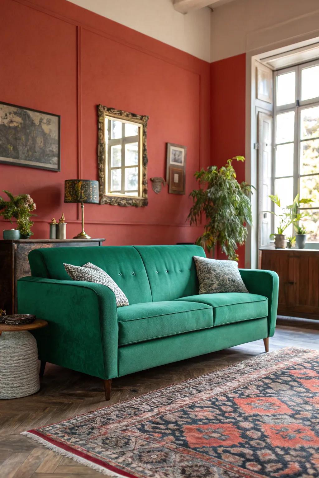 A vibrant accent wall frames the emerald green sofa beautifully.