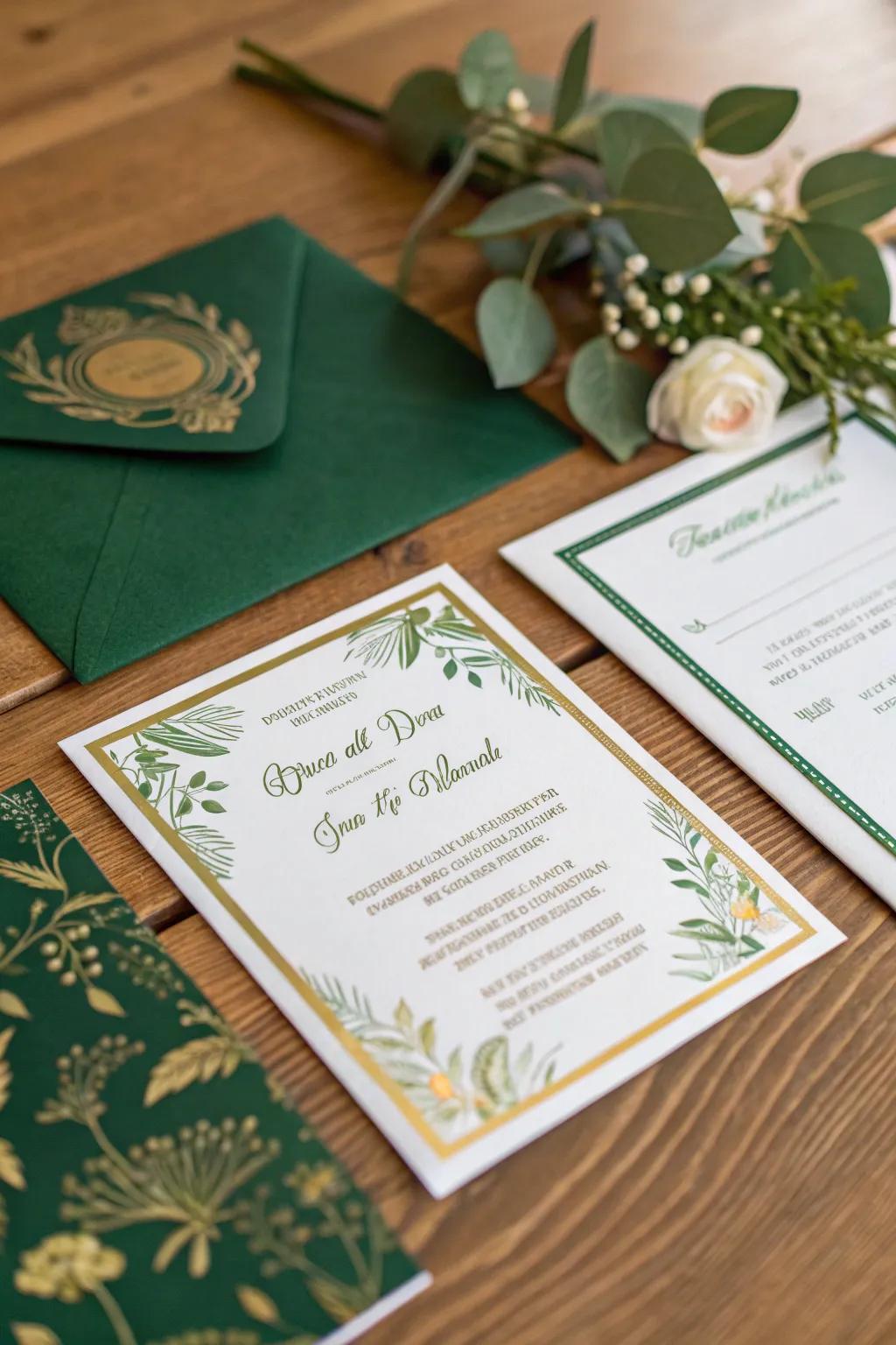 Elegant celebration announcements featuring forest and gilded elements.