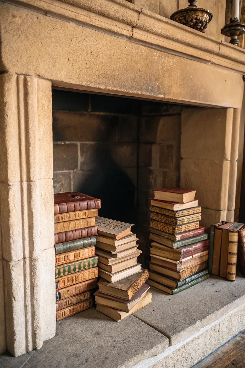 Create an inviting literary corner through texts featured within your fireplace.