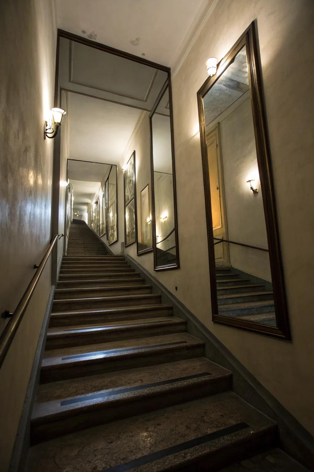 Mirrors have the ability to create an illusion of extra space within cramped stairwells.