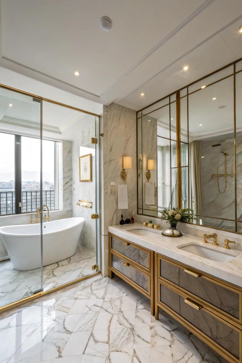 The lavish elements, including marble and brass, heighten the sophistication of the bathroom.