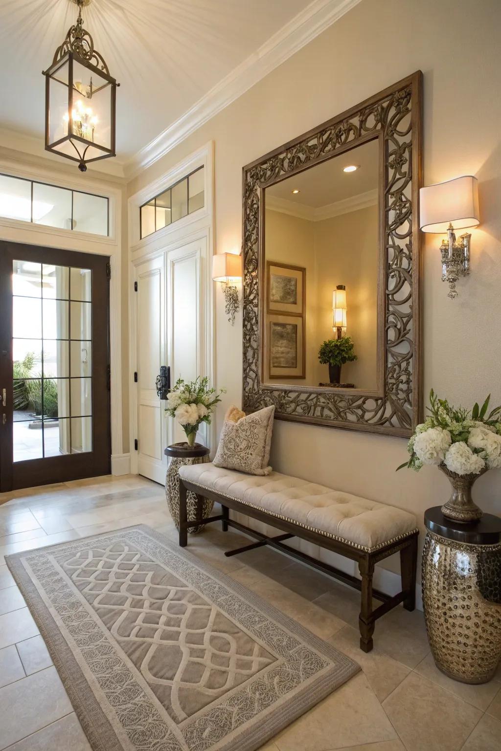 A grand ornamental mirror above the seat enhances the impression of space and light.