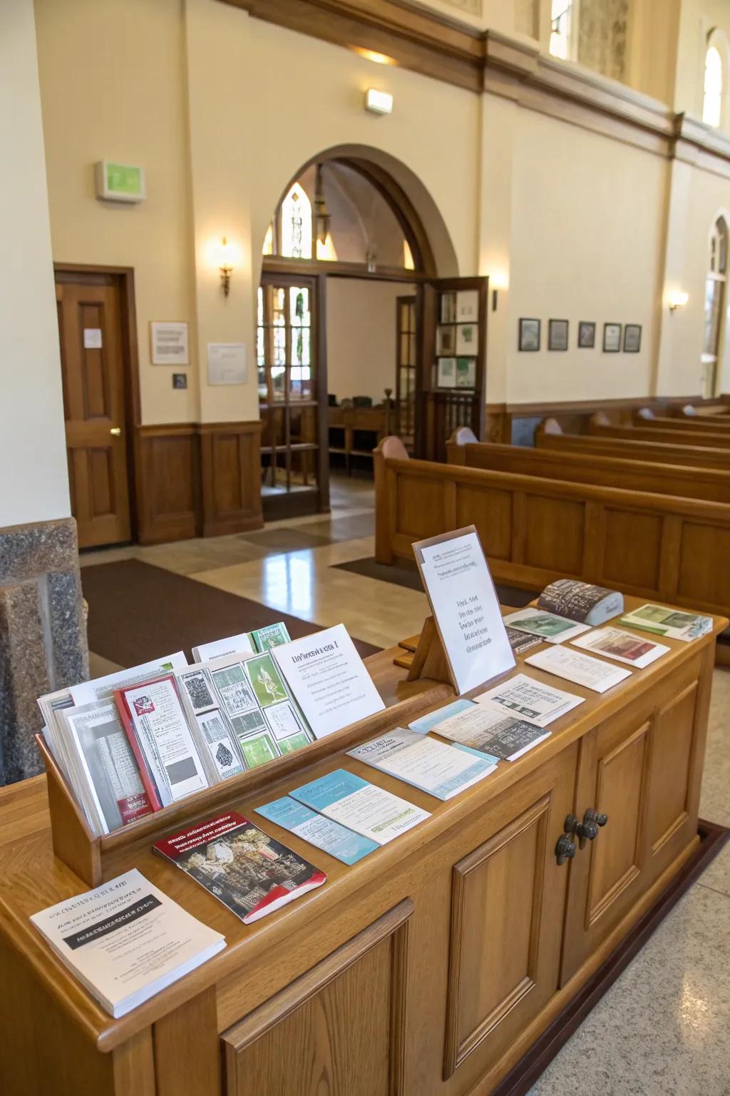 A neatly organized info desk in the church foyer.