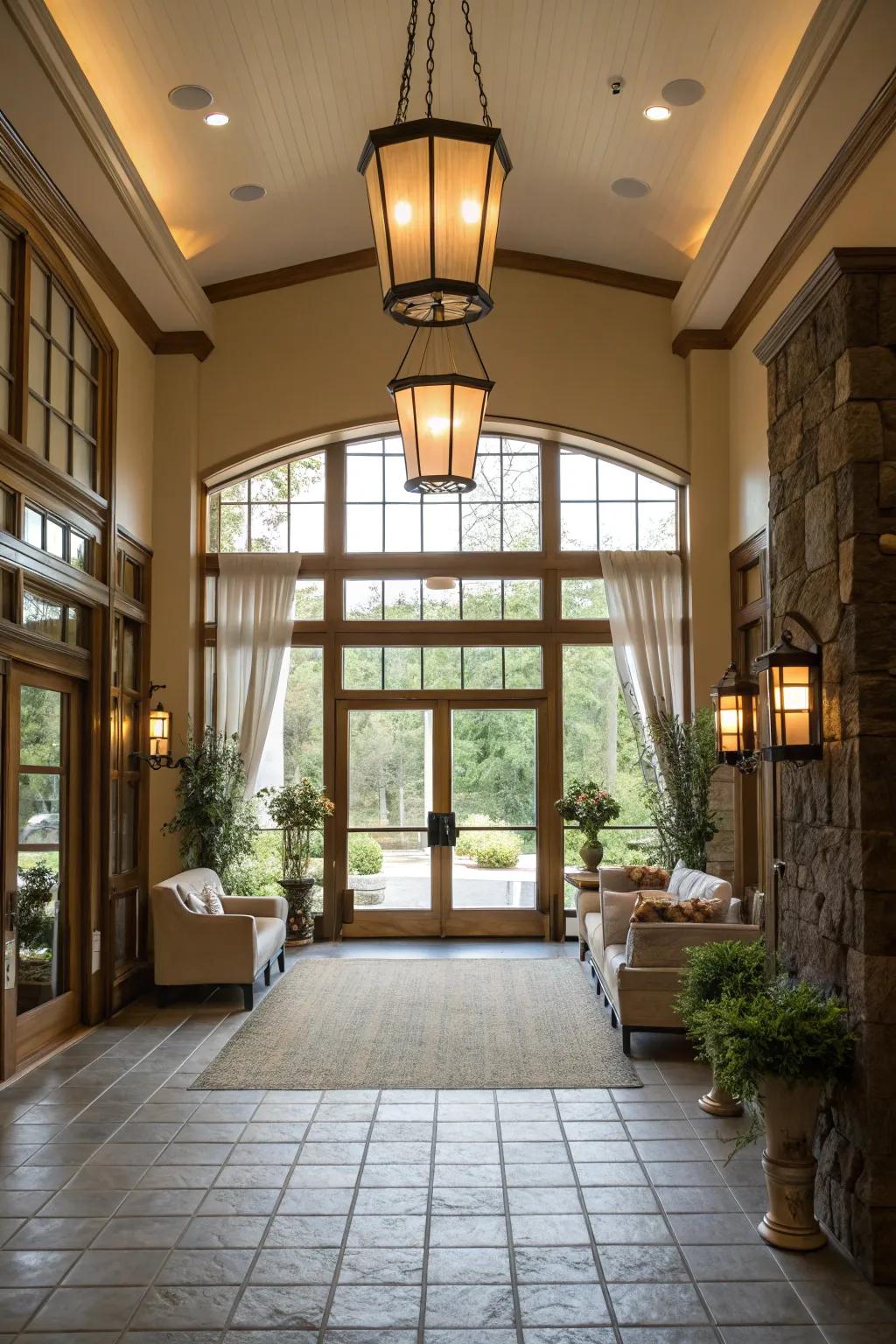 Natural light envelops this entryway, producing a grand and friendly atmosphere.