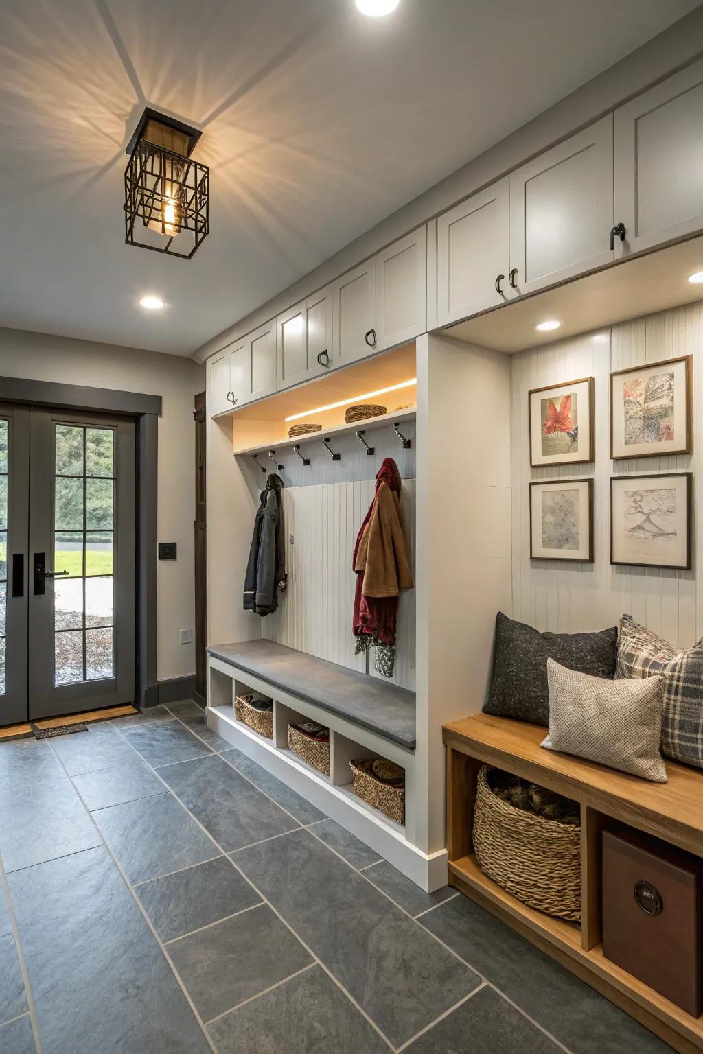 Proper lighting transforms this mudroom into a bright, welcoming area.