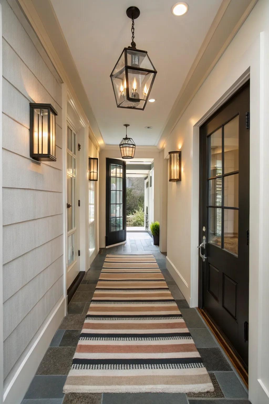 Striped runners aid in elongating and defining narrow entryways.