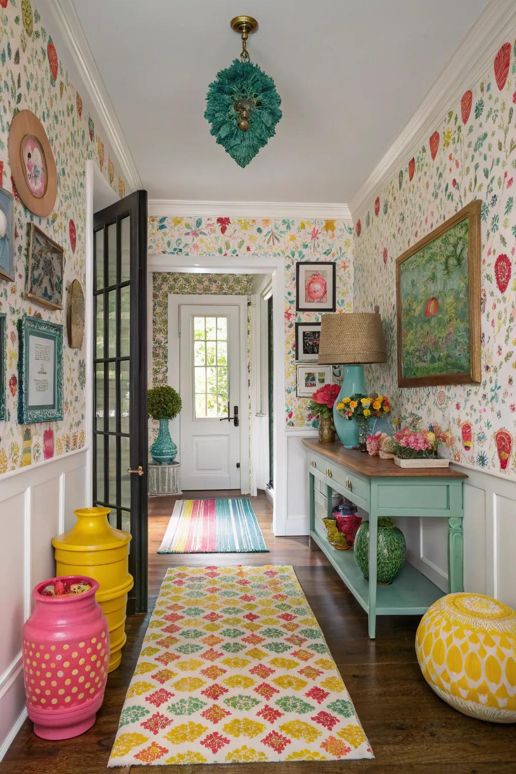 Vibrant entryway with eclectic wallpaper showcasing personal style.