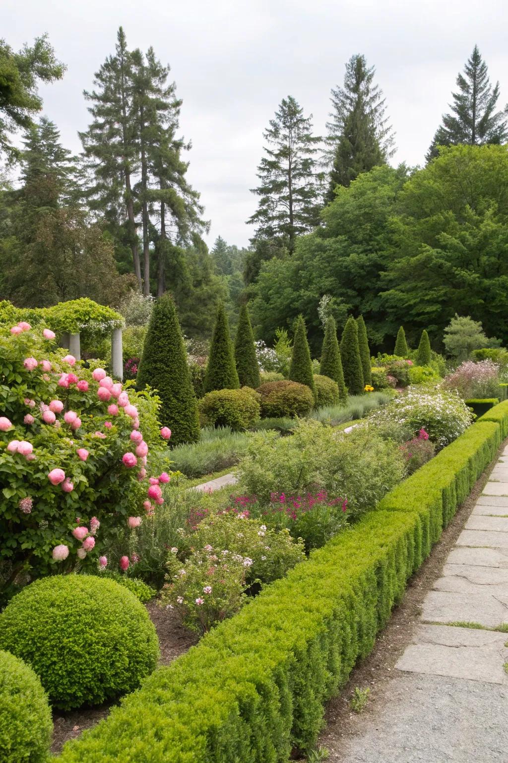 A garden featuring clearly defined evergreen shrub borders.