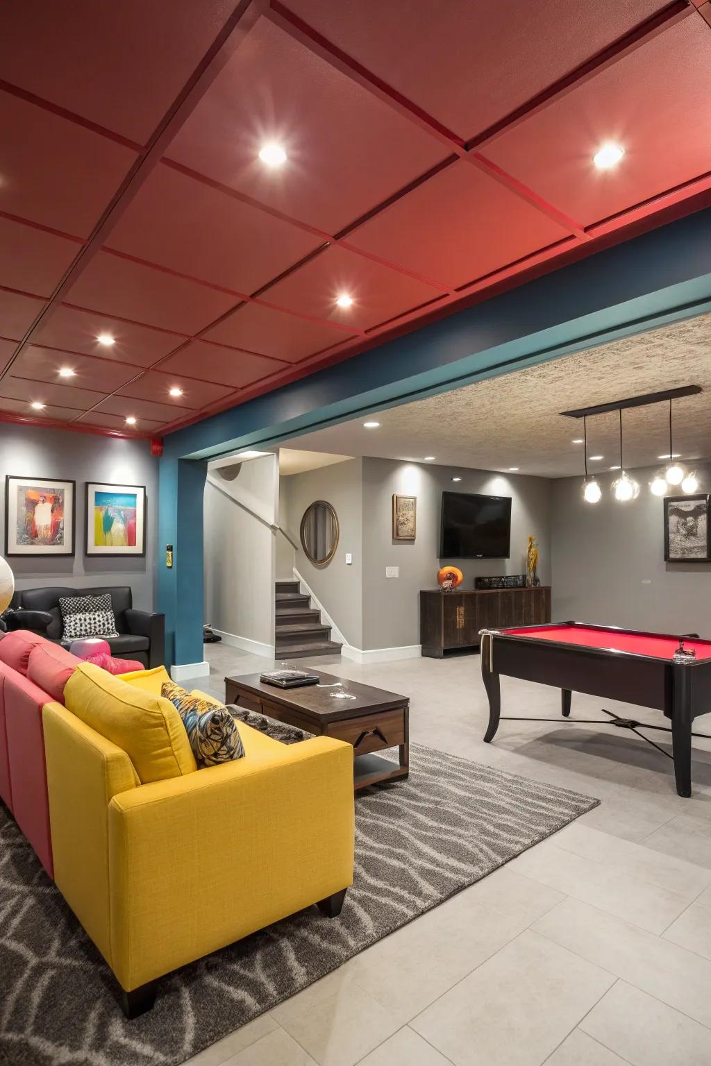 A bold and vibrant basement with a striking ceiling color.