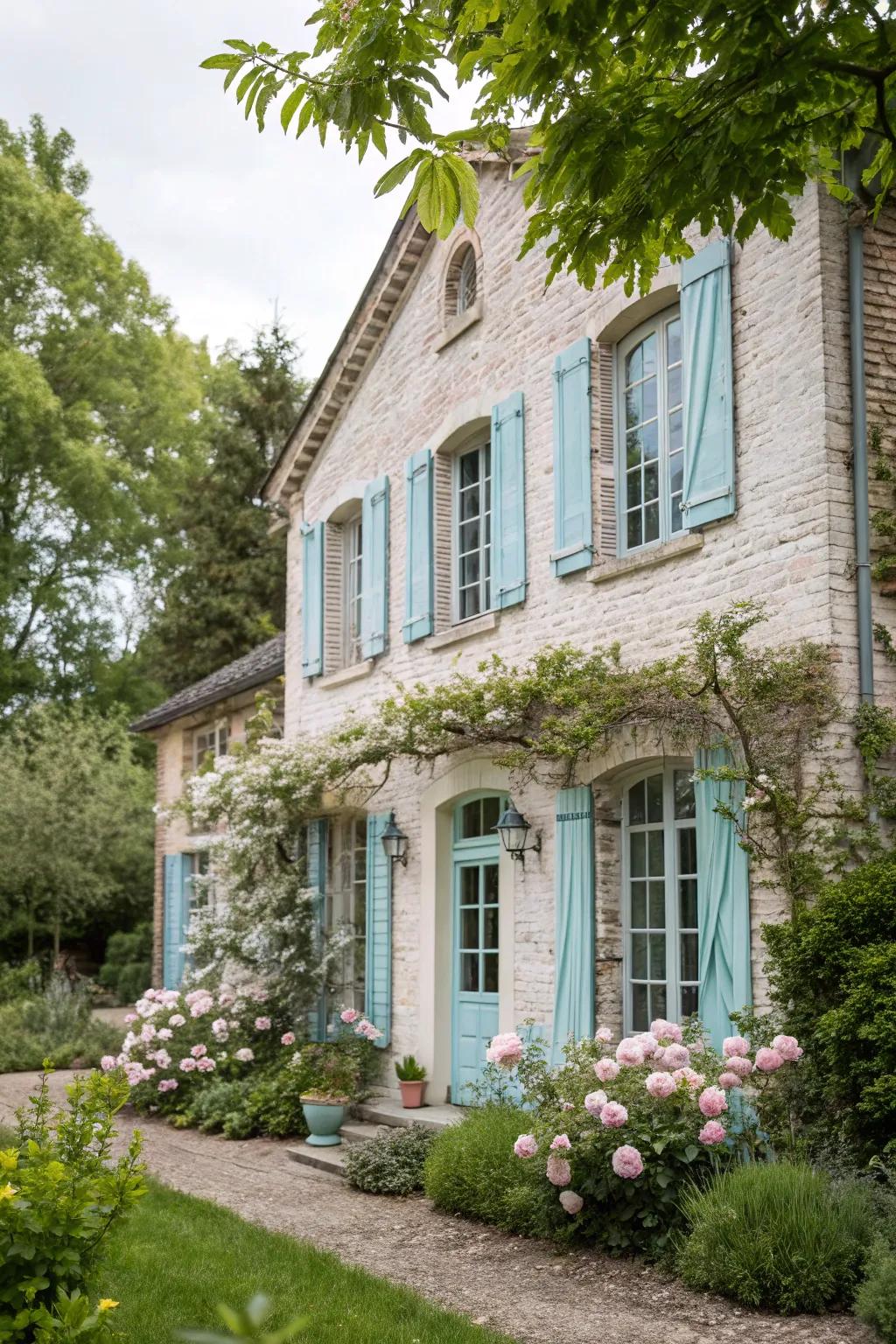 Vintage charm exuded by chalky brick and serene sky hues.