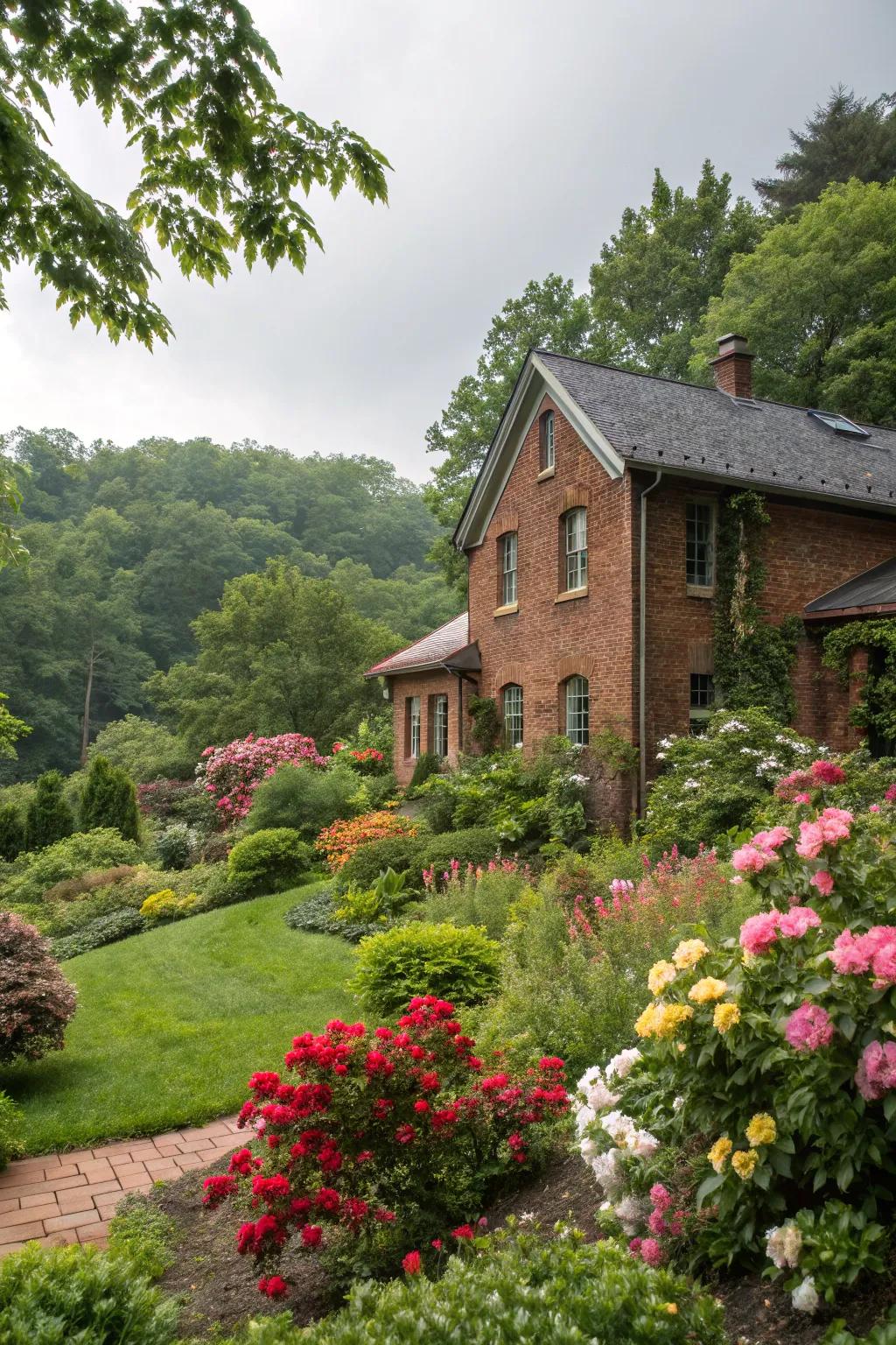 Abundant greenery accentuates the natural beauty of brick.