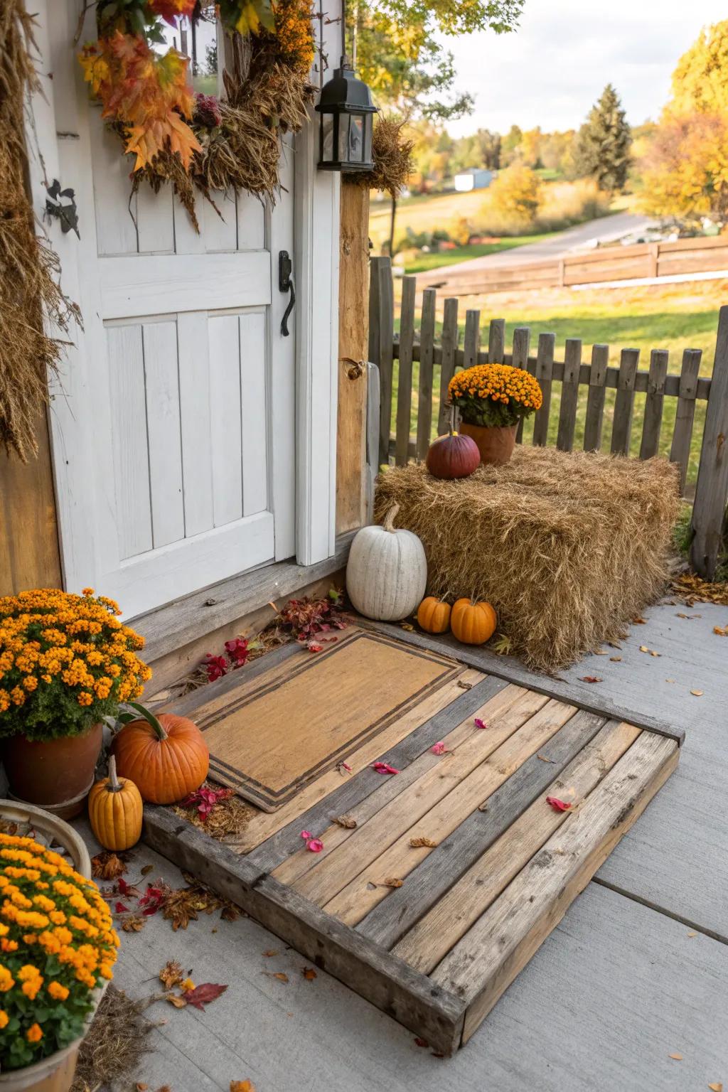 Farmhouse timber front mat adding rustic allure.