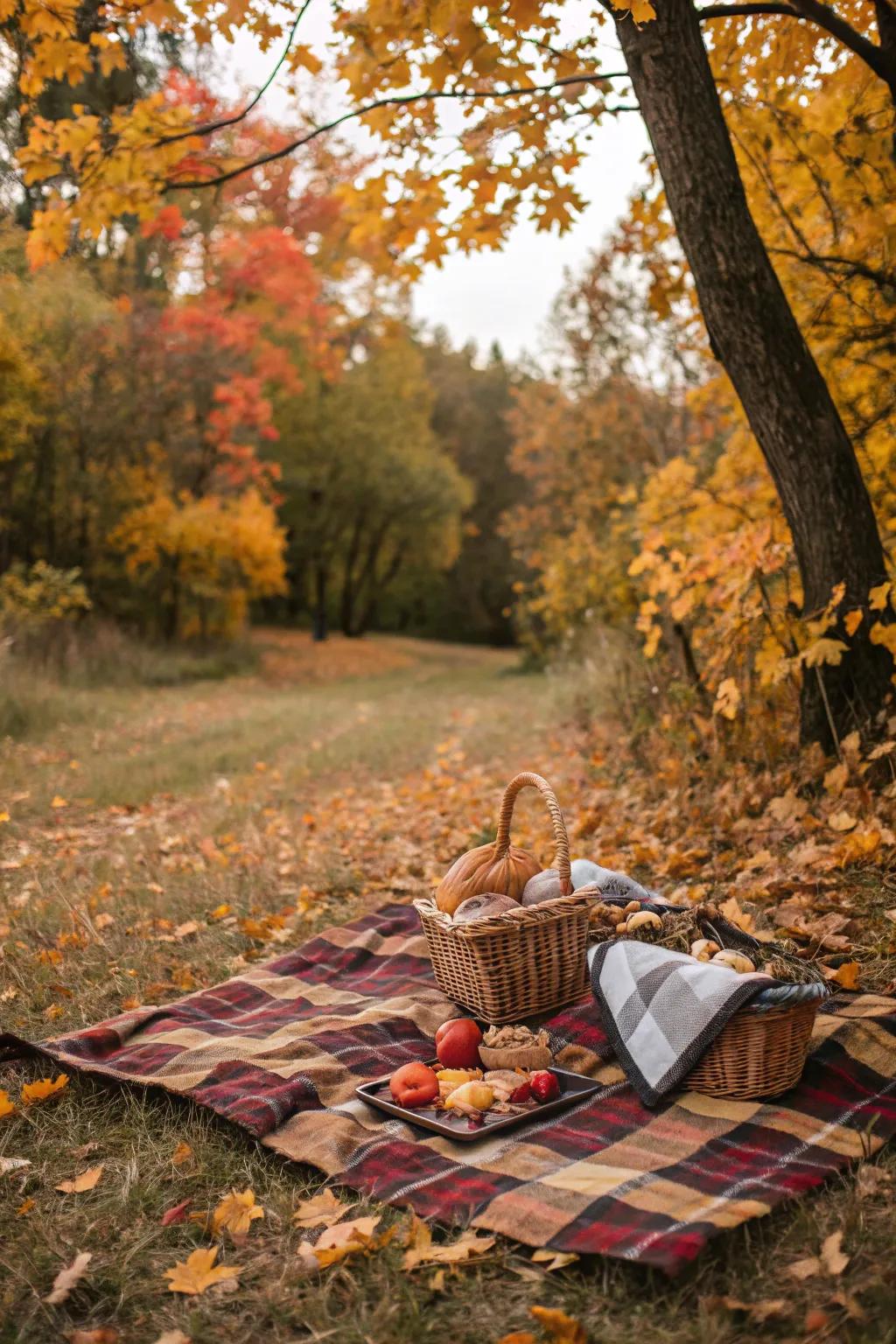 A charming rustic picnic surrounded by fall scenery.