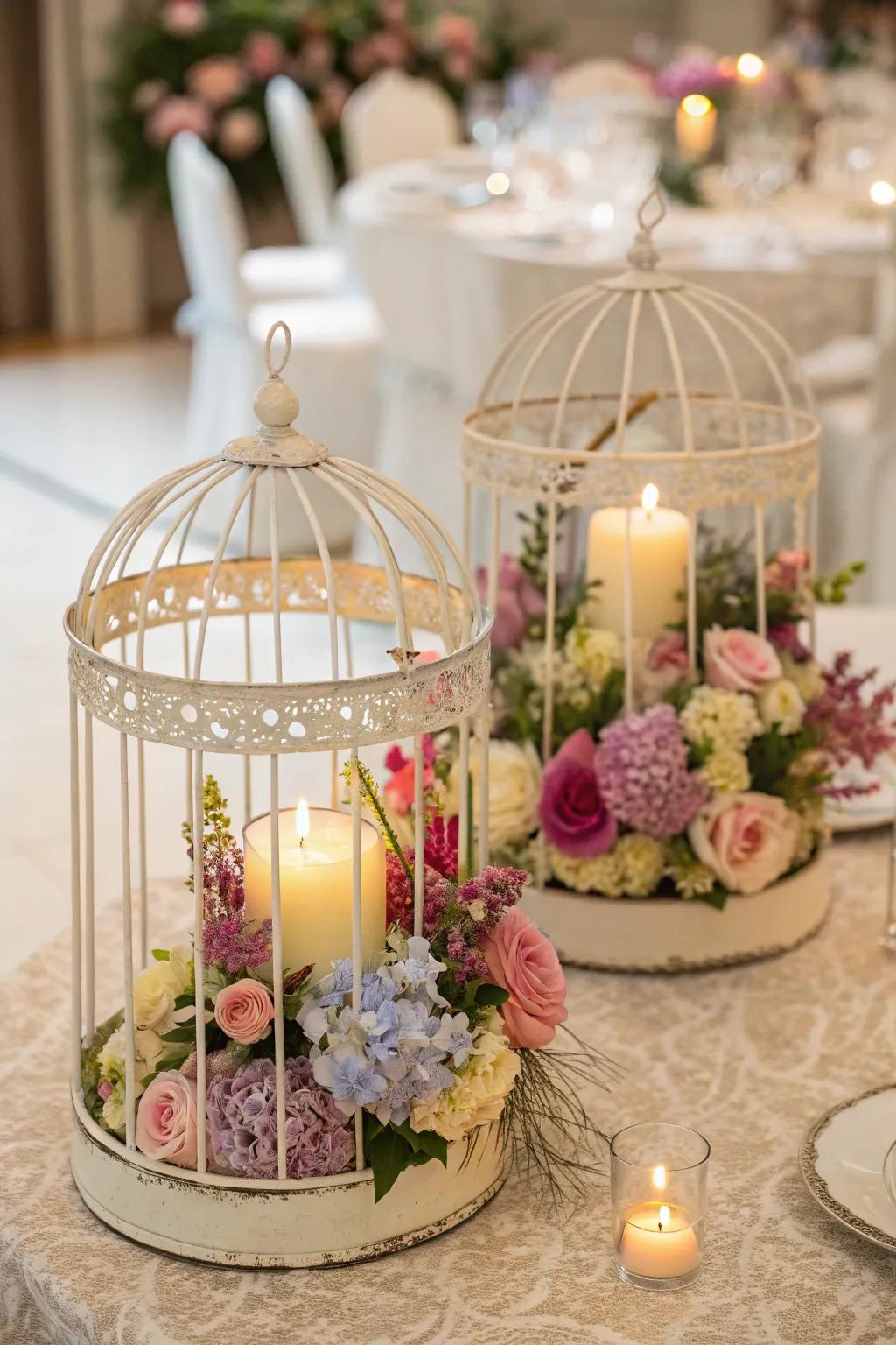 Antique cages filled with flowers and lights offer a whimsical touch to this fall wedding setting.